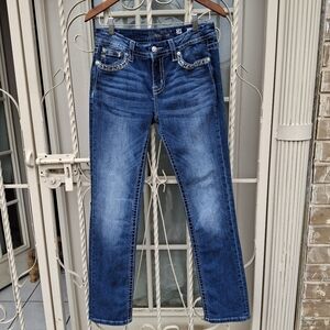 Miss Me Easy Straight Embellished Mid-Rise Blue Jeans Women Size 28